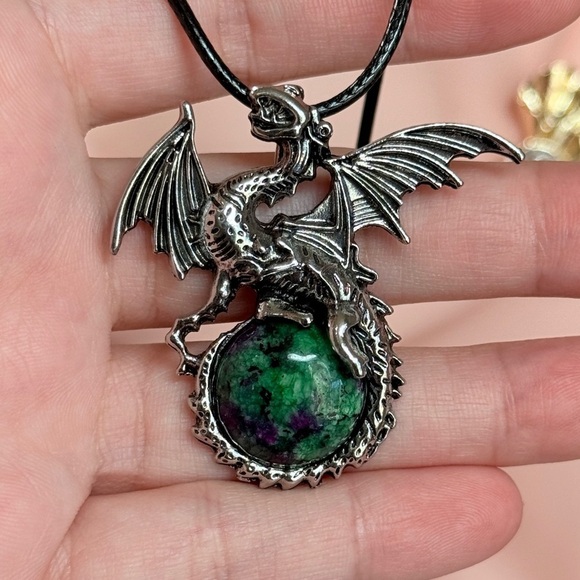 Other - Dragon Pendant Necklace with Green Stone For Men & Women.